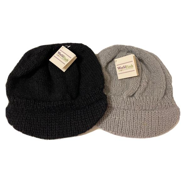 Ladies Fair Trade Handmade Nepal 100% Wool Beanie Hat Cap Set Of 2 Black Gray - Picture 1 of 9